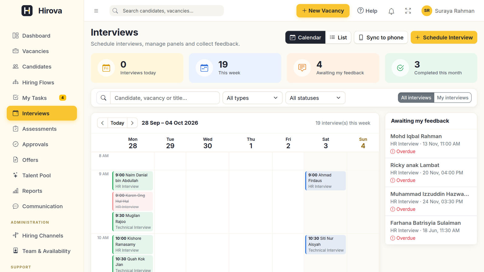 Hirova interview calendar with scheduled interviews for the week