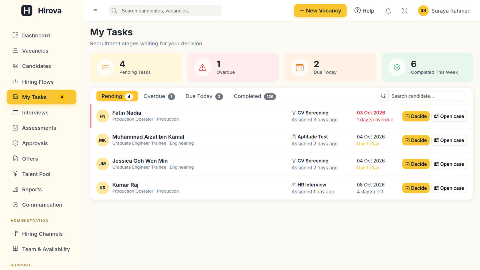 Hirova My Tasks screen